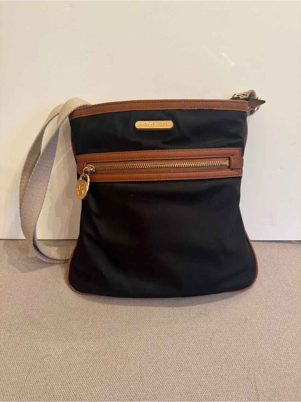 Michael Kors Black Crossbody with Brown Leather Trim and Gold Hardware - Picture 5 of 8
